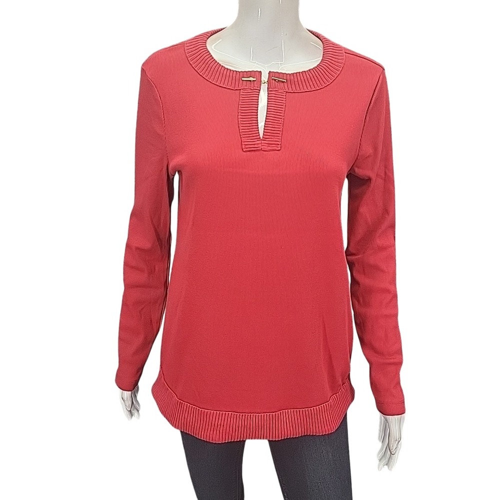 Rafaella Womens Rio Red Ribbed V-Neck Long Sleeve Knit Top Small RSKFF053